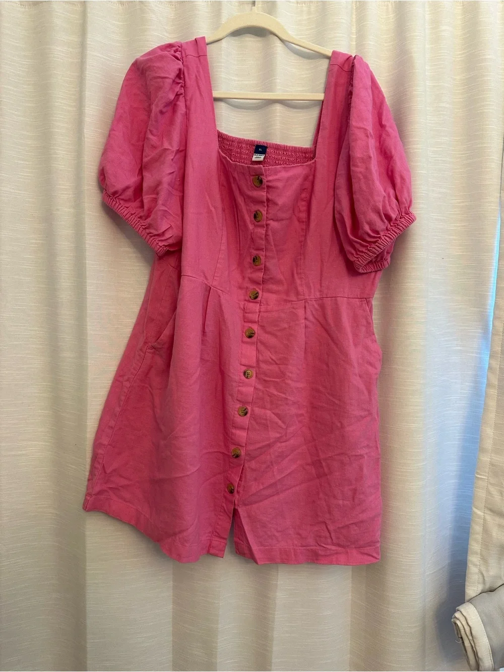 Old Navy Puff-sleeve Pink Square-Neck Button-Front Mini Dress - Picture 3 of 5